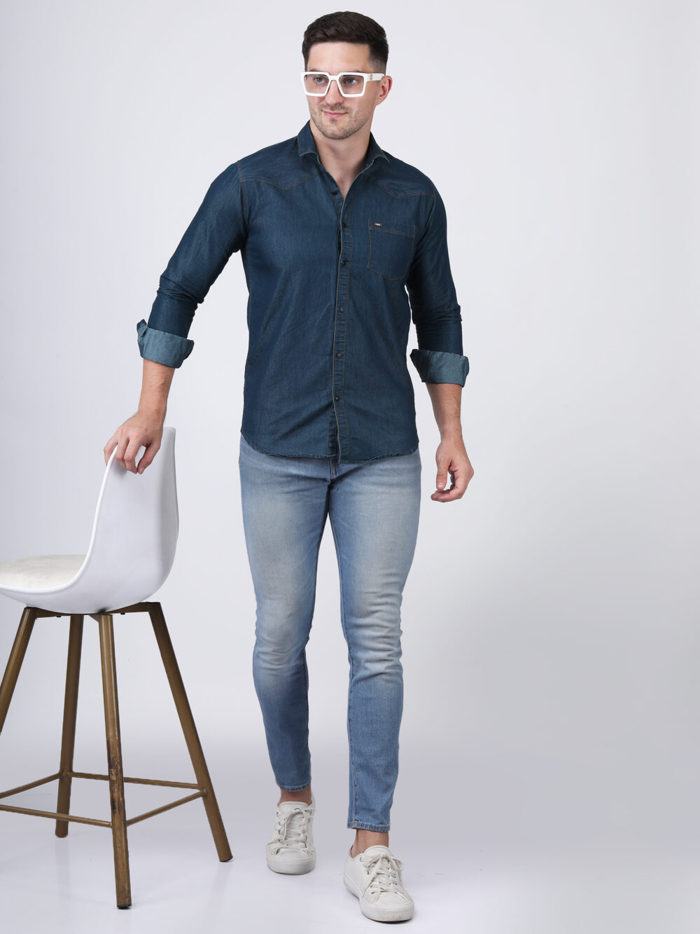 Navy Blue Solid Denim Shirt